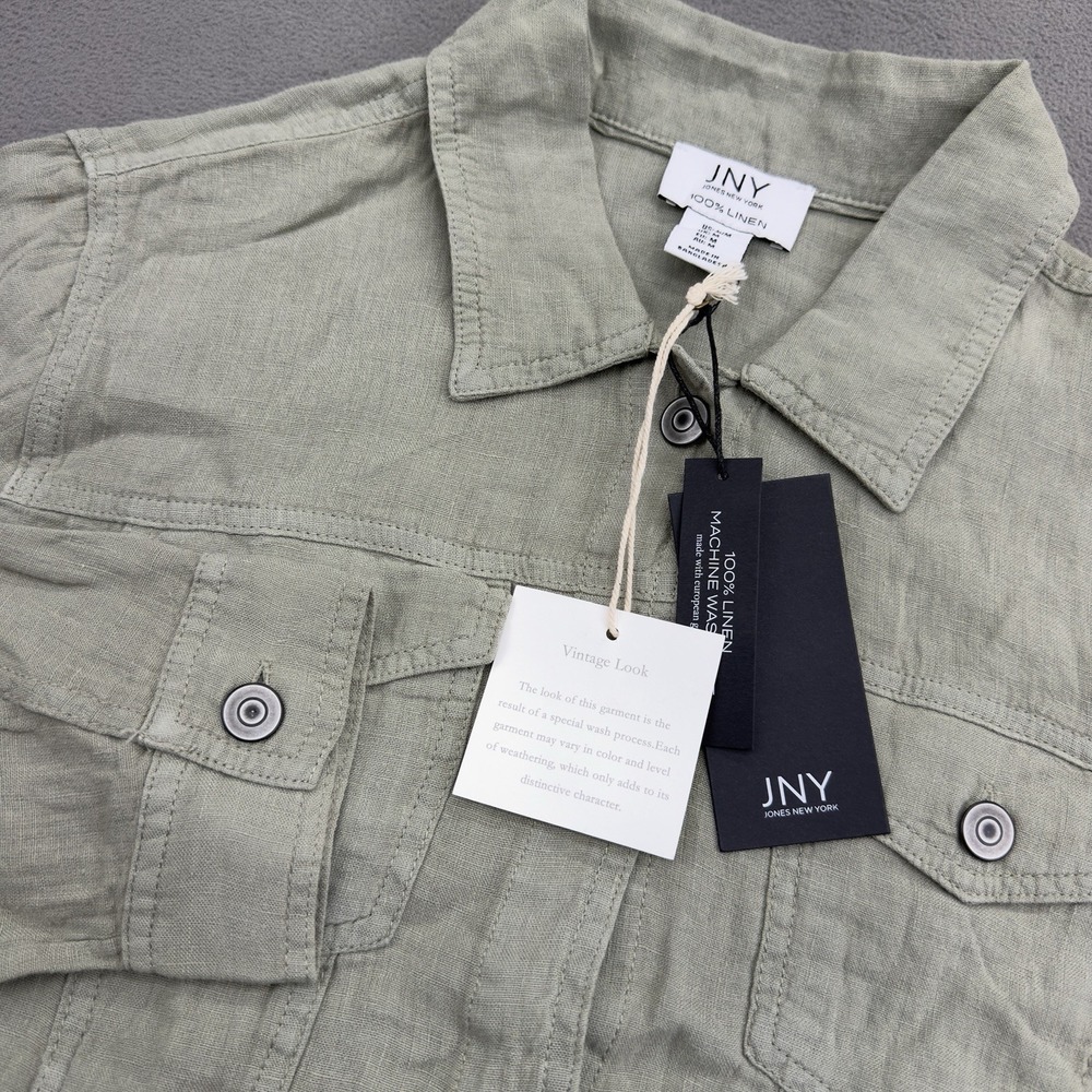 Jones New York JNY 100% Linen Trucker Shirt Jacket Womens M Green Coastal Casual
